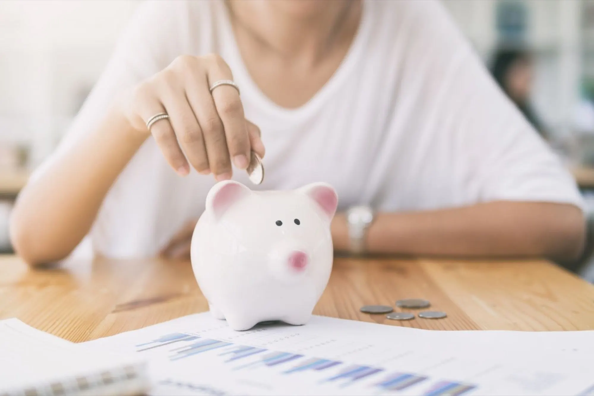 Piggy bank and savings coins